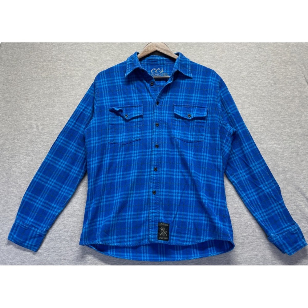 CCS Flannel Shirt Mens Medium Royal Blue Plaid Cotton Dual Pockets Button Up